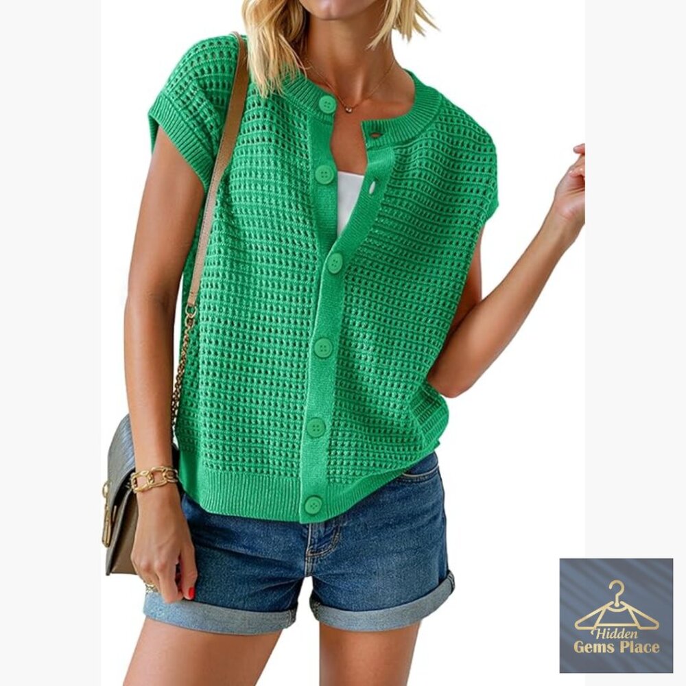 Crochet Button Down Cardigan Vest Summer Knit Top Cap Sleeve Crew Neck